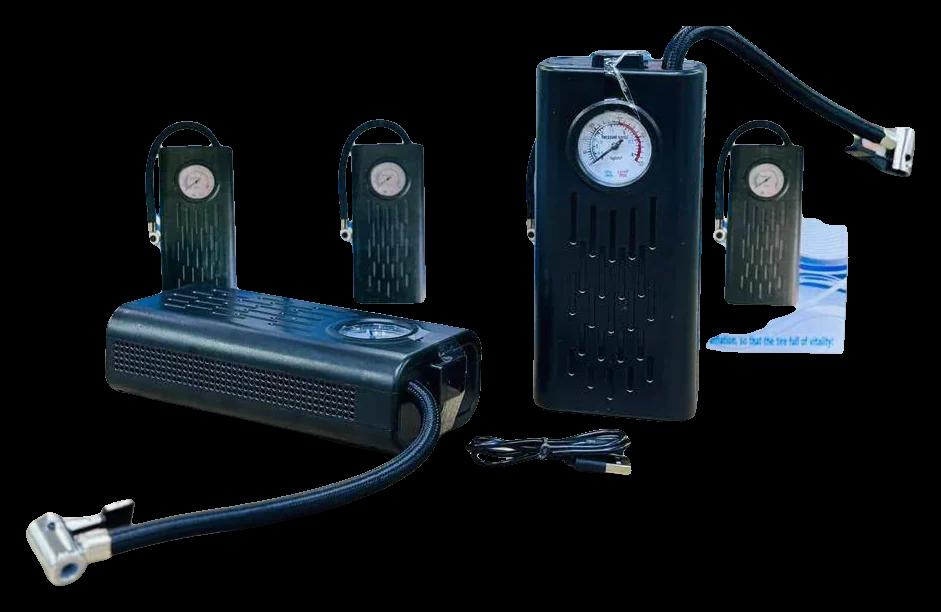 منفاخ كاوتش لاسلكي أسود بعداد ضغط وخرطوم وكابل شحن بجوار علب On-Board Air Pump
