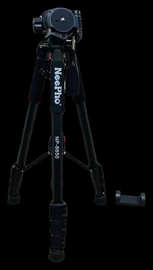 ترايبود كاميرا احترافي NeePho NP-8850 أسود بجانب العلبة وماسك الموبايل
